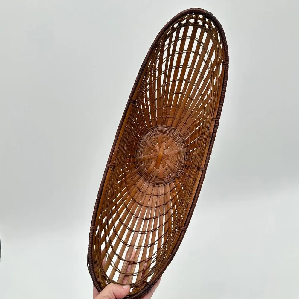 Vintage Bamboo Wicker Boat Basket 17in Brown MCM Fruit Centerpiece Bowl
